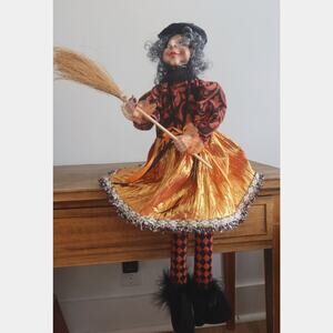 Halloween Witch Shelf Sitter 29" Resin Face and Hands Detailed Whimsical Witch